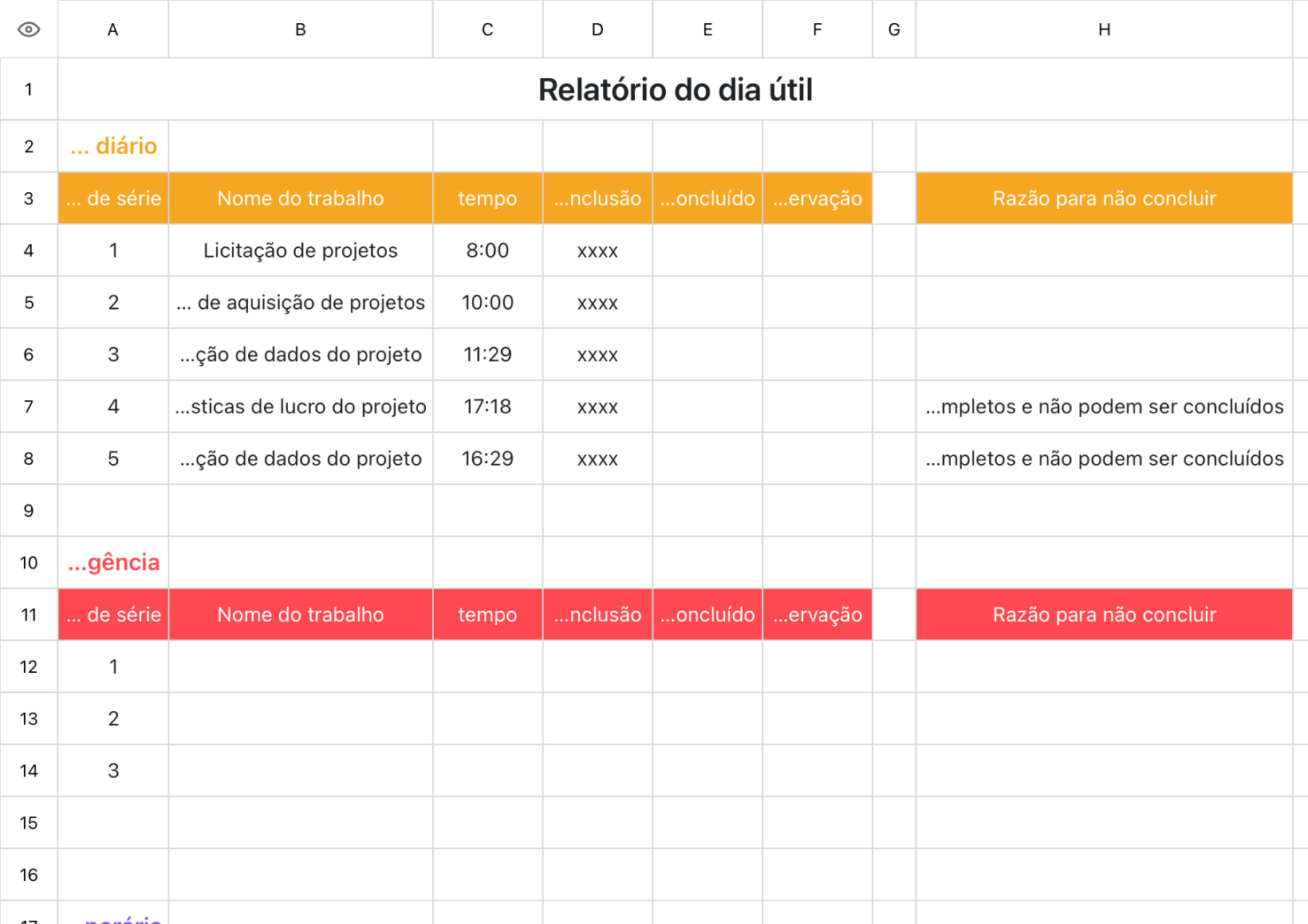 Modelo geral de relatório de dia útil